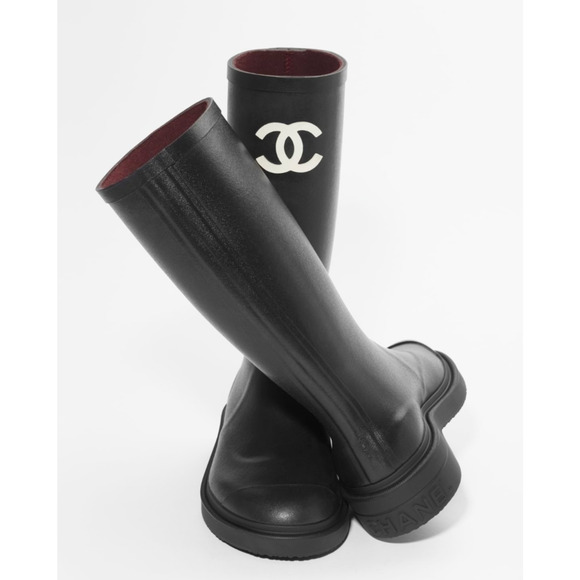Chanel REV Black White Caoutchouc CC Logo High Pull On Rubber Rain Boots 35 - Picture 1 of 12